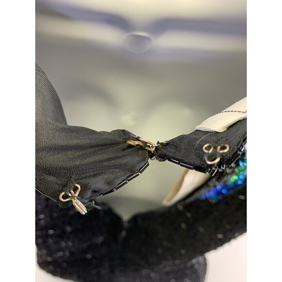 Stenay Silk Beaded Dress Sheath Short Sleeves Blue Black Peacock Feathers Size 6 - Picture 12 of 16